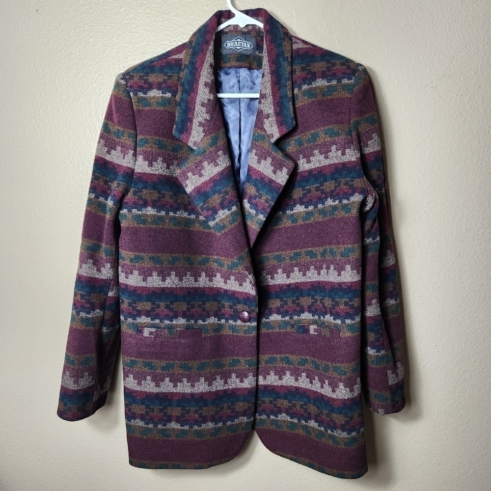 Vintage Braetan Womens Southwestern Aztec Wool Blend One Button Blazer-Size L